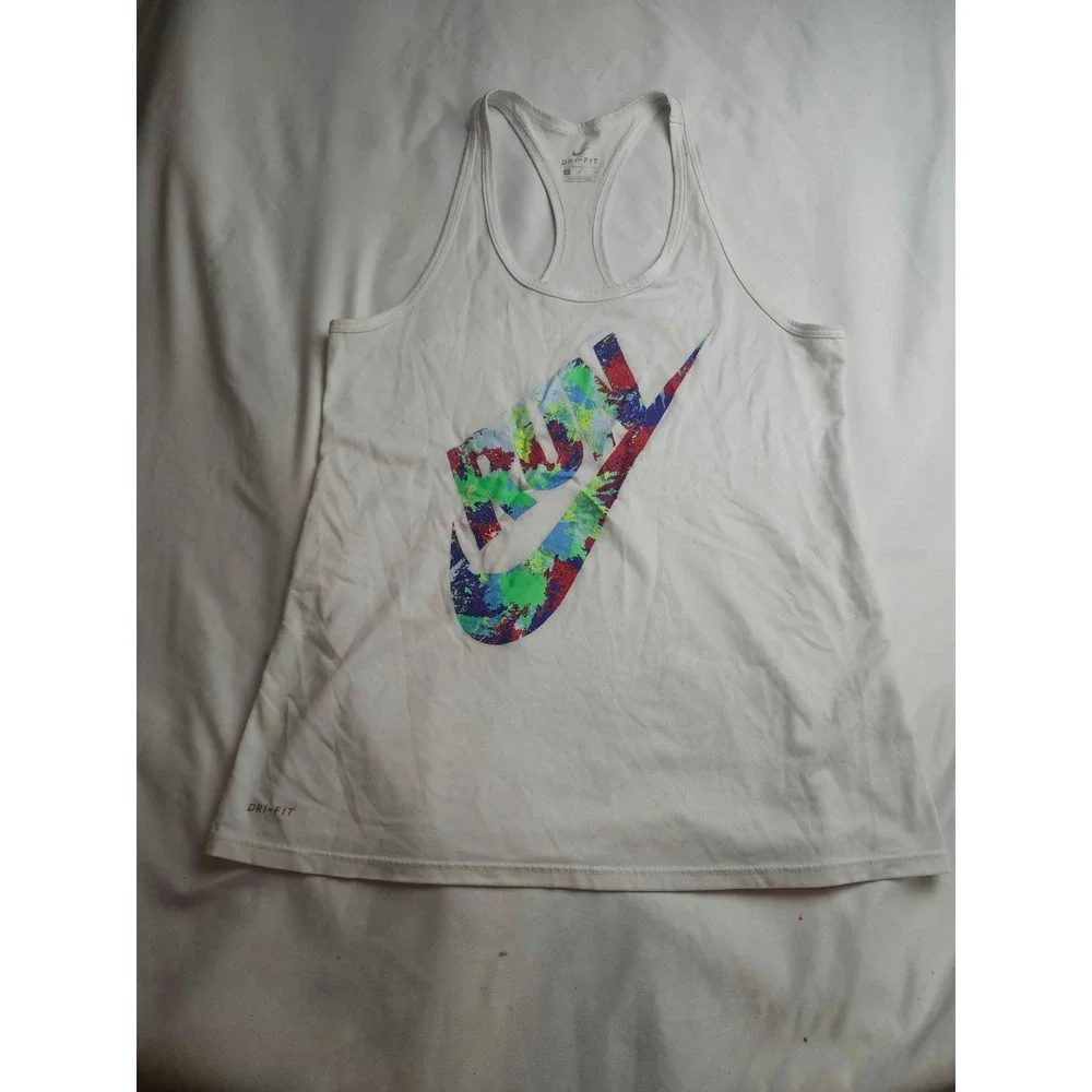 Nike Dri-FIT Womens Run Graphic Racerback Tank Top White Multi Color Size M